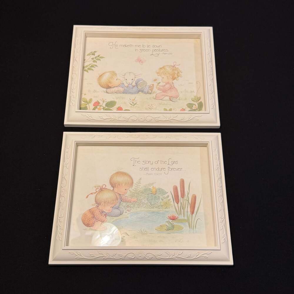2 Vintage 1985 Homco Resin Framed Child’s Bible Verse Prints Psalm 104-31 & 23-2